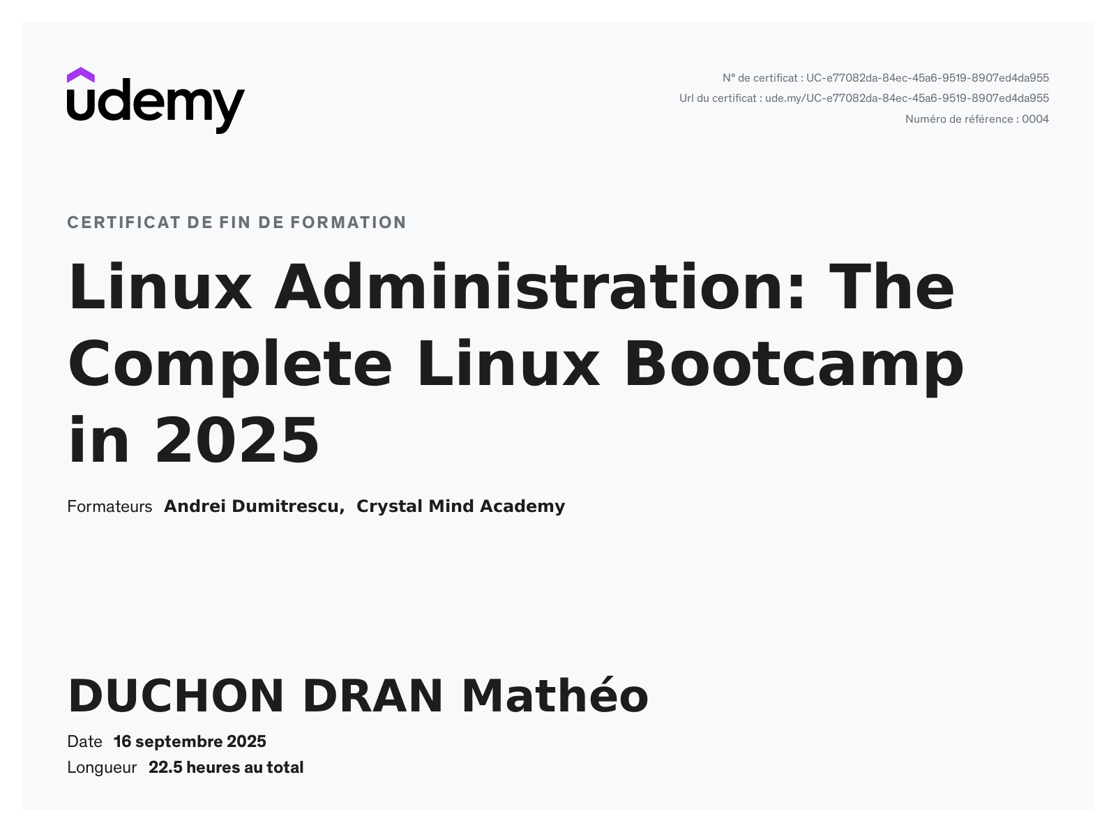 Certificat Udemy Linux Administration
